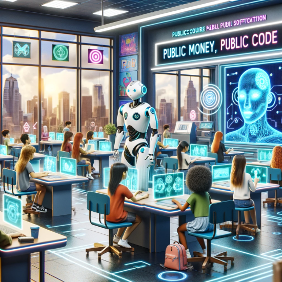 DALL·E 2023-12-05 15.21.59 - A futuristic classroom with advanced technology and AI elements. In the center, a diverse group of students of various descents, sitting at desks equi.png