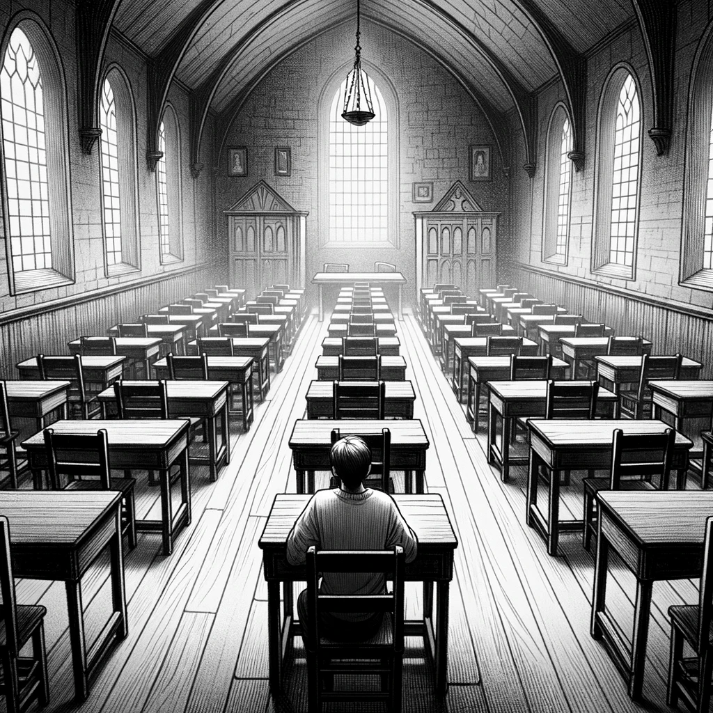 DALL·E 2023-12-24 17.52.39 - Illustration of a dimly lit, old-fashioned Catholic schoolroom with wooden desks and chairs lined up in rows. The atmosphere is heavy, and the room fe 1.png