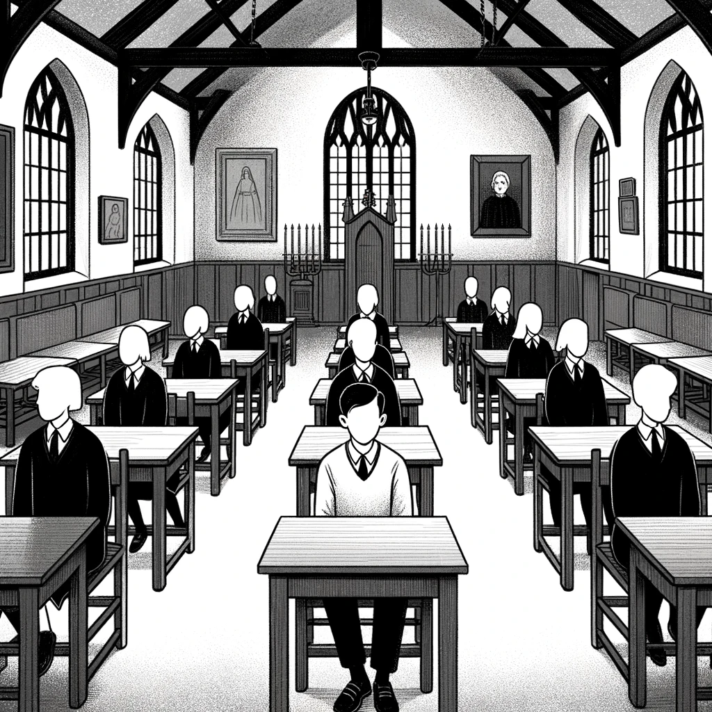 DALL·E 2023-12-24 17.52.54 - Illustration of a traditional Catholic school setting. The room has an oppressive ambiance with dark wooden furniture and a strict atmosphere. Among t 1.png