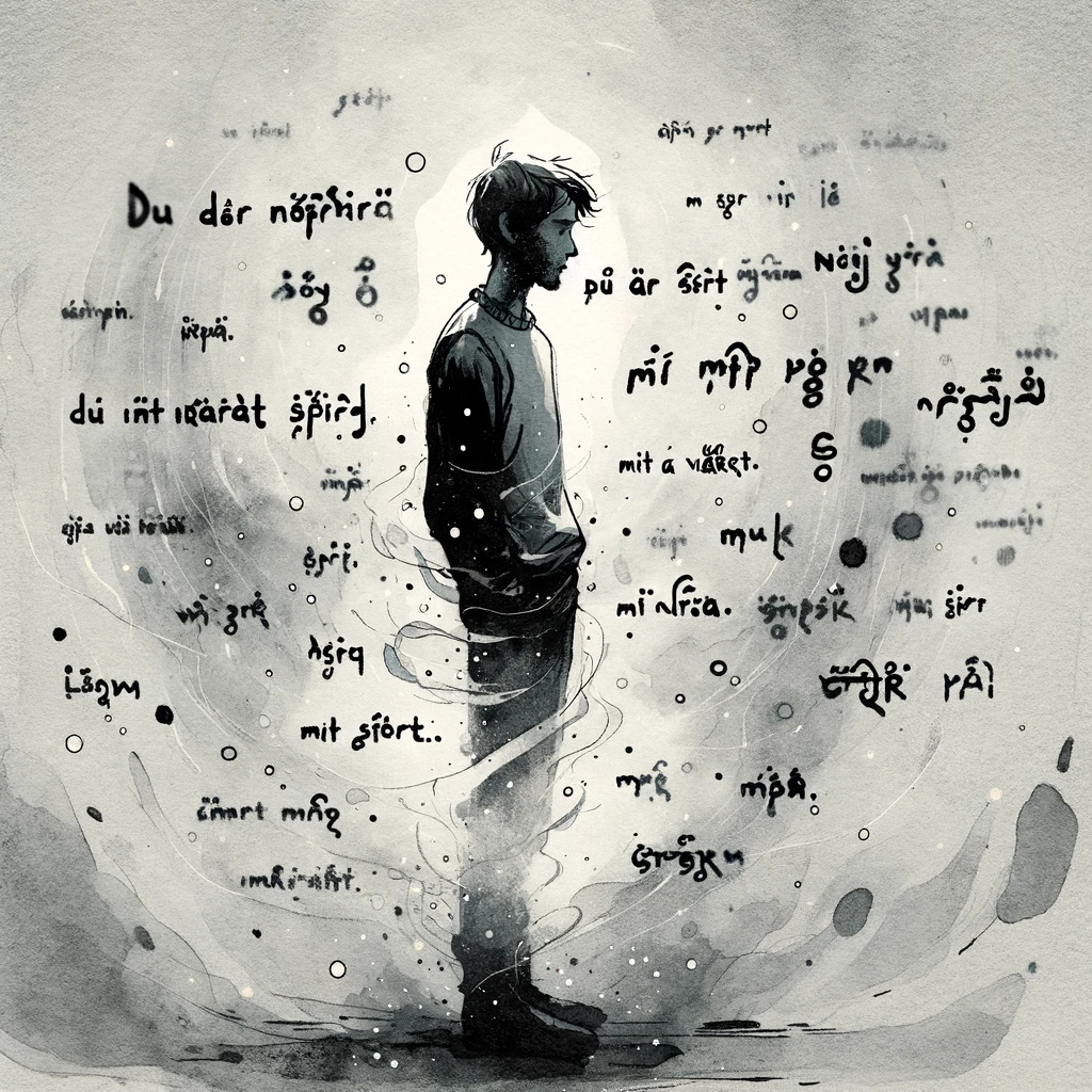 DALL·E 2023-12-24 17.56.06 - Illustration of a poignant scene inspired by a Swedish poem. A figure stands alone, their expression conveying deep contemplation and a sense of isola.png