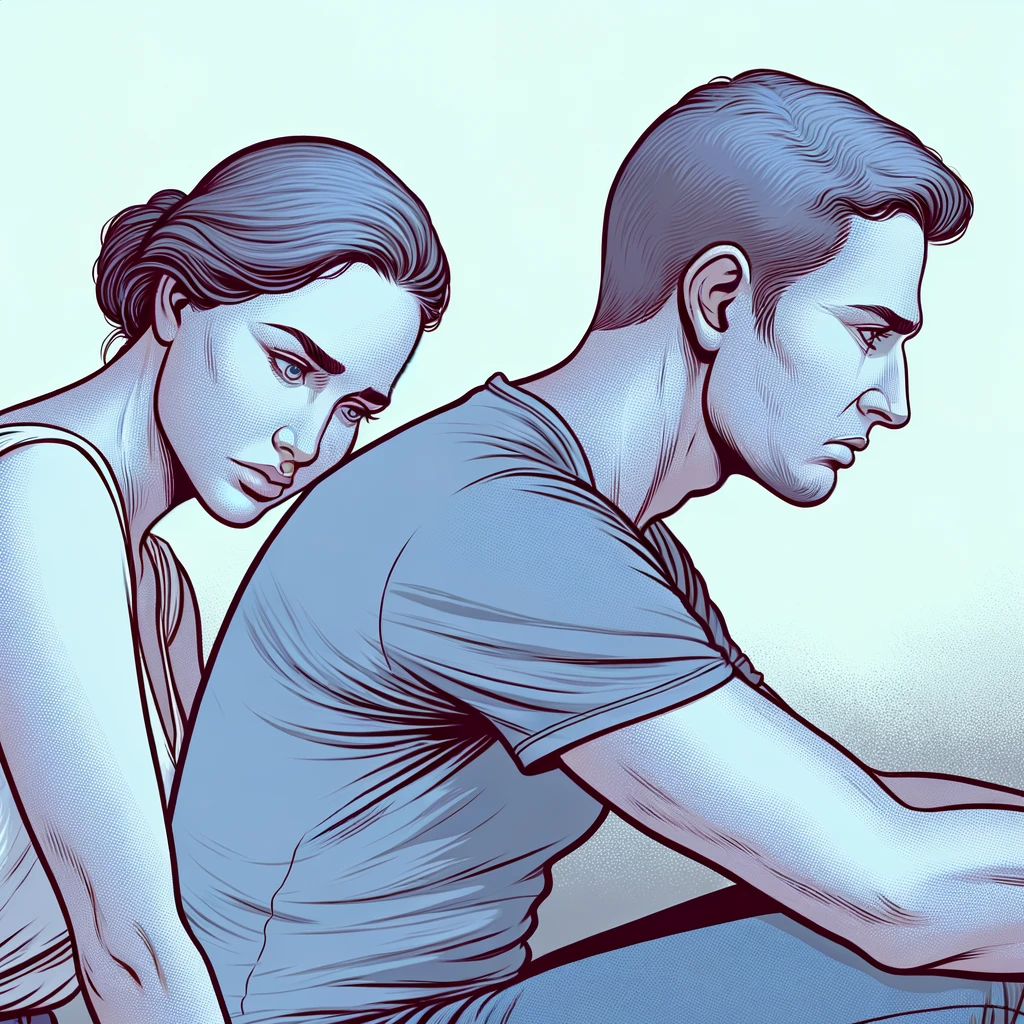 DALL·E 2023-12-24 18.15.35 - Illustration of physical intimacy and emotional numbness A scene capturing a couple in a moment of physical closeness, yet their facial expressions a.png