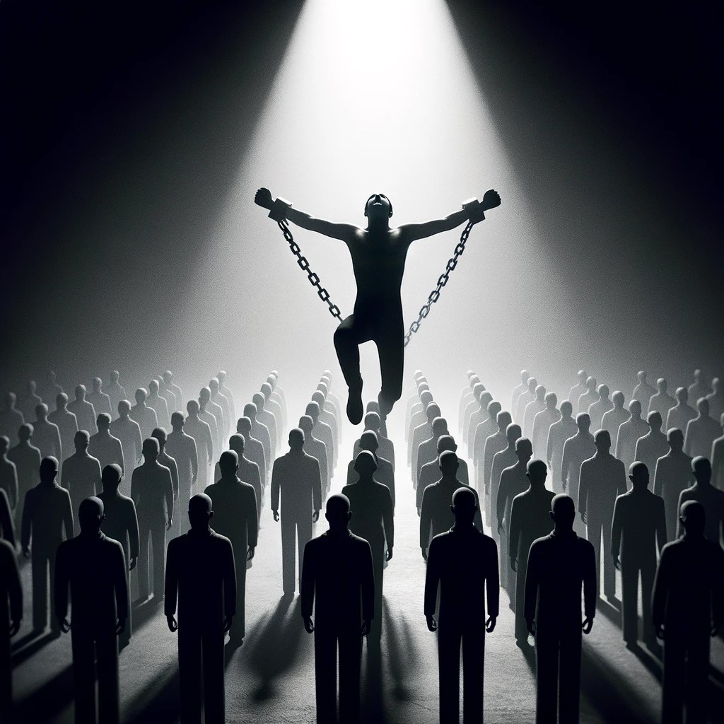 DALL·E 2024-03-01 14.44.40 - A silhouette of a defiant figure, breaking free from chains or weights, stands prominently against a backdrop of a grey, uniform crowd. The defiant fi.webp