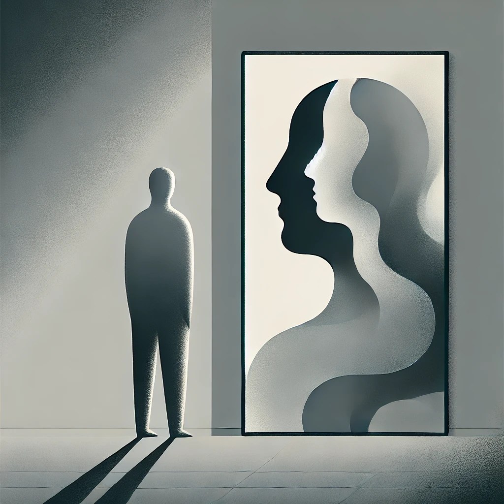 DALL·E 2024-11-19 09.09.53 - A minimalist, grayscale illustration of a person standing in front of a mirror in a dimly lit room. The mirror reflects not a single clear image, but  1.webp